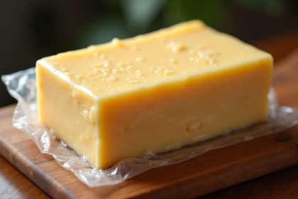 Bloc de foie gras sur planche en bois avec condensation