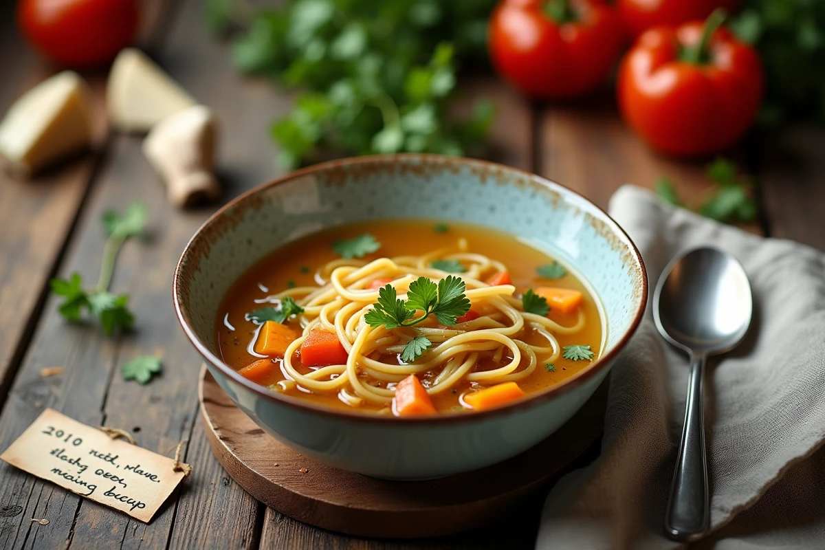 Bol de soupe vermicelli sur table en bois avec légumes et herbes