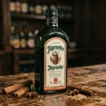 Bouteille de Jägermeister posée sur un comptoir de bar en bois rustique entourée d'épices et herbes séchées