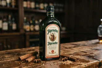 Bouteille de Jägermeister posée sur un comptoir de bar en bois rustique entourée d'épices et herbes séchées