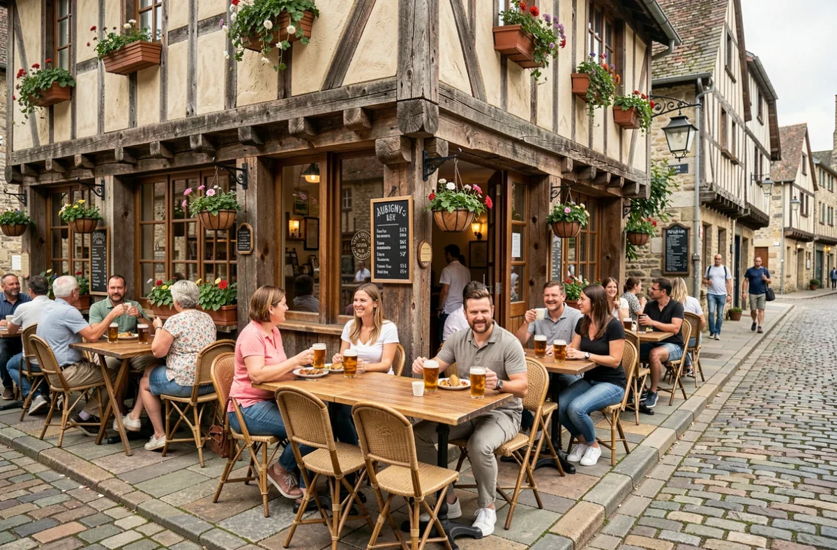 Terrasse de la Brasserie de la Nère à Aubigny-sur-Nère avec architecture à pans de bois d'inspiration écossaise et convives en terrasse pavée