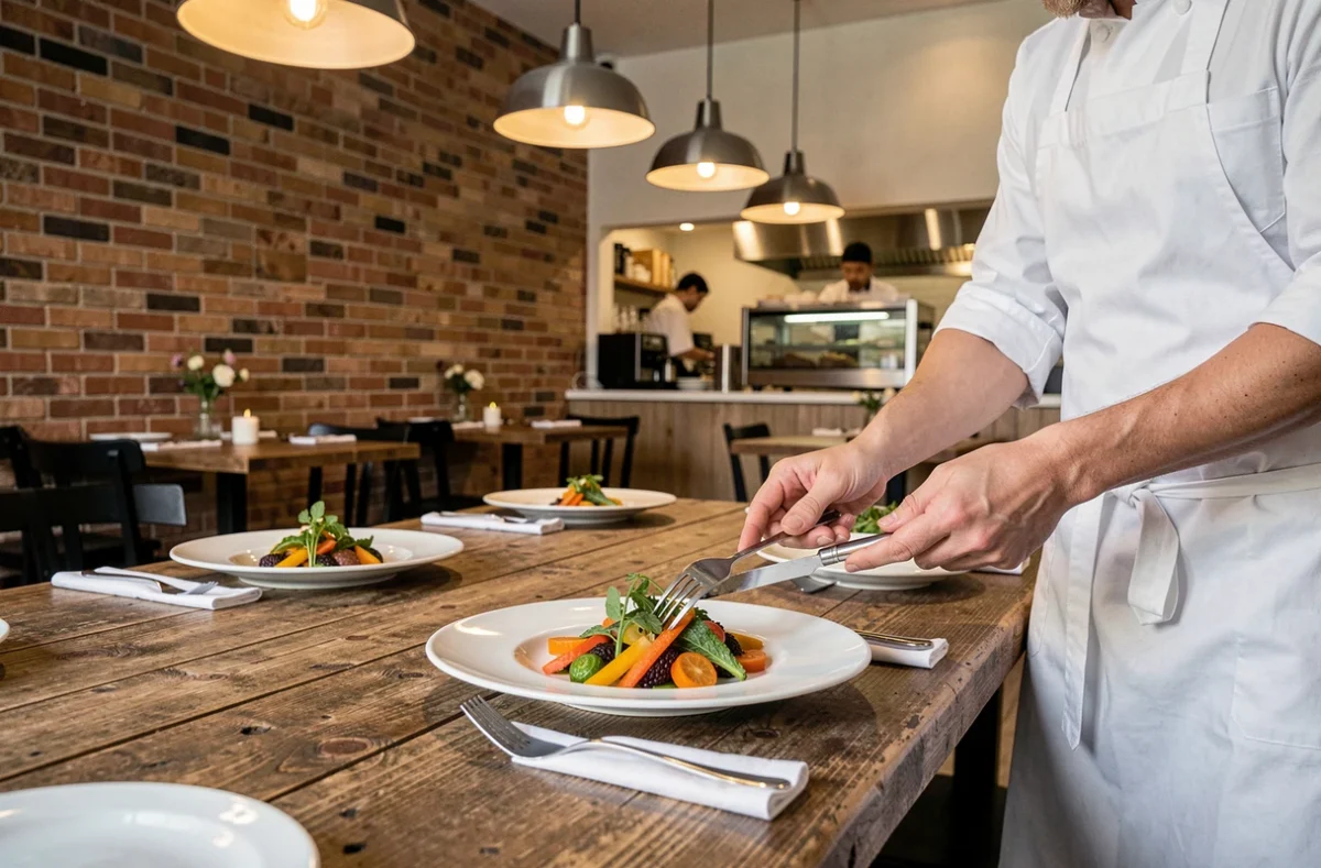 Chef présentant un plat gastronomique créatif au Brut Maison de Cuisine à Blois, dans un cadre bistrot contemporain aux murs en briques apparentes