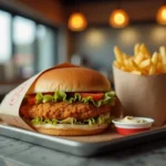 Burger poulet croustillant Pepe Chicken de Fastgood Cuisine servi sur plateau avec frites et sauce