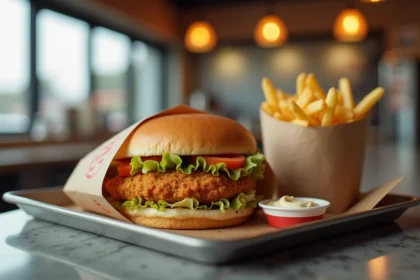 Burger poulet croustillant Pepe Chicken de Fastgood Cuisine servi sur plateau avec frites et sauce