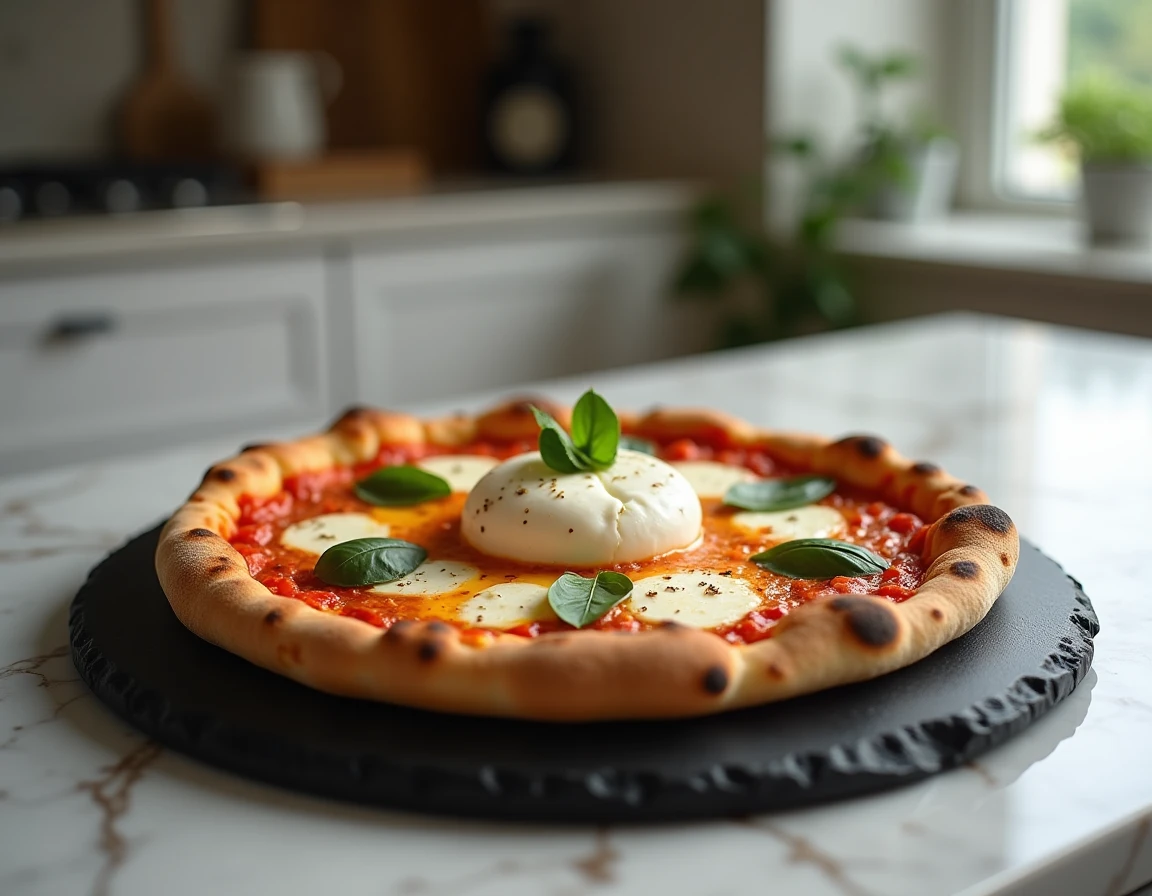 Pizza margherita garnie d'une burrata entière ajoutée après cuisson, s'ouvrant sur un cœur crémeux