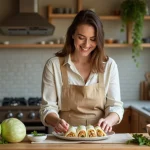 Femme arrangeant des choux farcis dans une cuisine chaleureuse