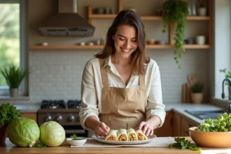 Femme arrangeant des choux farcis dans une cuisine chaleureuse