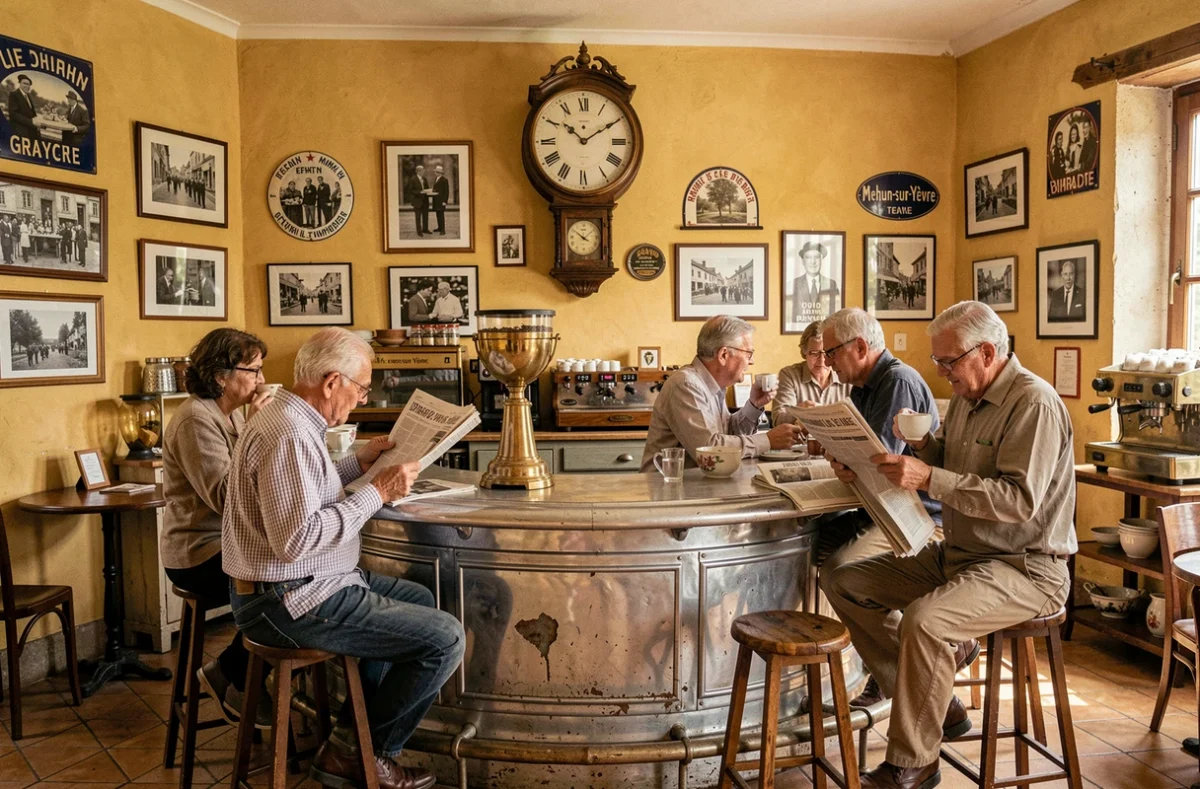 Intérieur authentique du Café de l'Horloge à Mehun-sur-Yèvre avec horloge ancienne, comptoir en zinc et habitués attablés