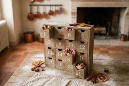 Calendrier de l'Avent en bois avec tiroirs gourmands remplis de chocolats et épices sur une table de ferme rustique