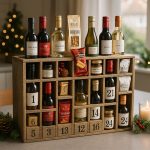 Photo d'un calendrier de l'avent en bois rustique avec bouteilles de vin et snacks
