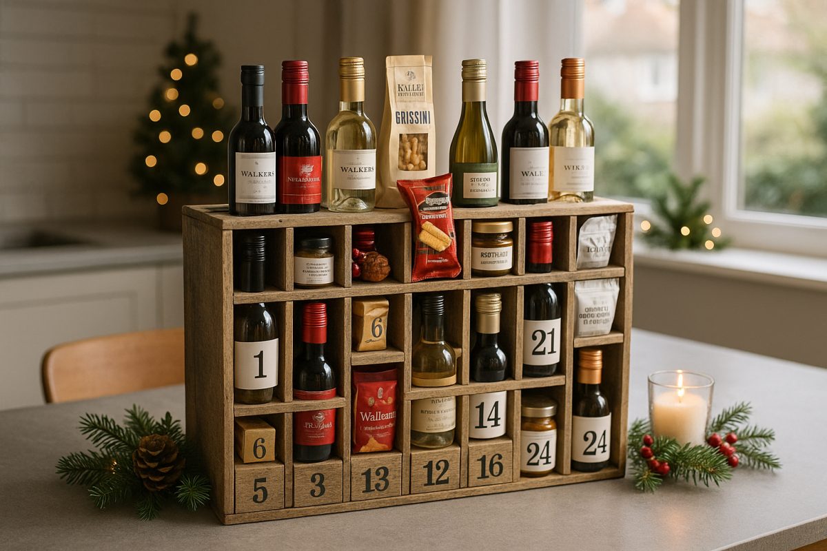 Photo d'un calendrier de l'avent en bois rustique avec bouteilles de vin et snacks