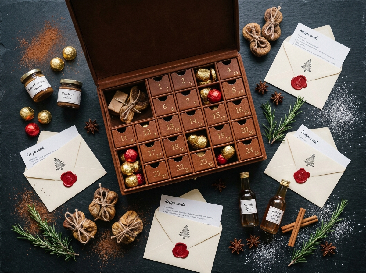 Vue du dessus d'un calendrier de l'Avent gastronomique avec confiseries artisanales, caramel et épices sur ardoise