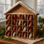 Photo hyperrealiste d'un calendrier de l'avent en forme de chalet en bois avec des saucisses artisanales