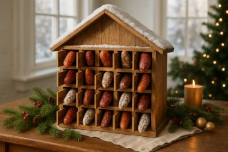 Photo hyperrealiste d'un calendrier de l'avent en forme de chalet en bois avec des saucisses artisanales