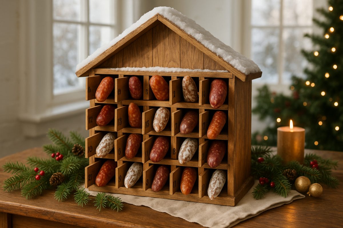 Photo hyperrealiste d'un calendrier de l'avent en forme de chalet en bois avec des saucisses artisanales