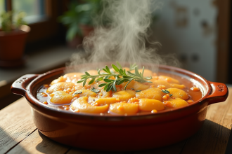 Carbonade flamande dans un plat en céramique rustique