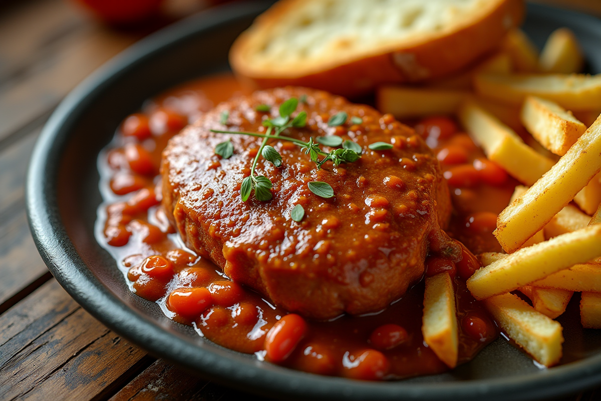 Gros plan sur la carbonade flamande avec frites et pain