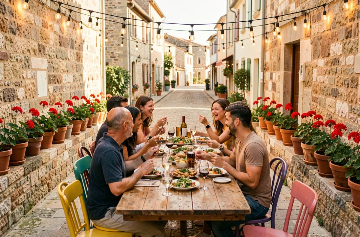 Terrasse conviviale du restaurant Chai nous comme Chai vous à La Flotte avec tables partagées, chaises colorées et ambiance festive