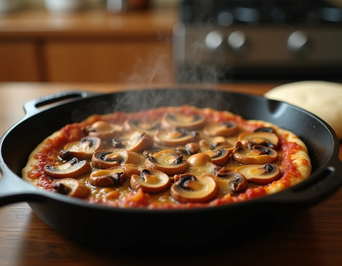Champignons de Paris dorés et poêlés à sec dans une poêle en fonte, prêts à garnir une pizza