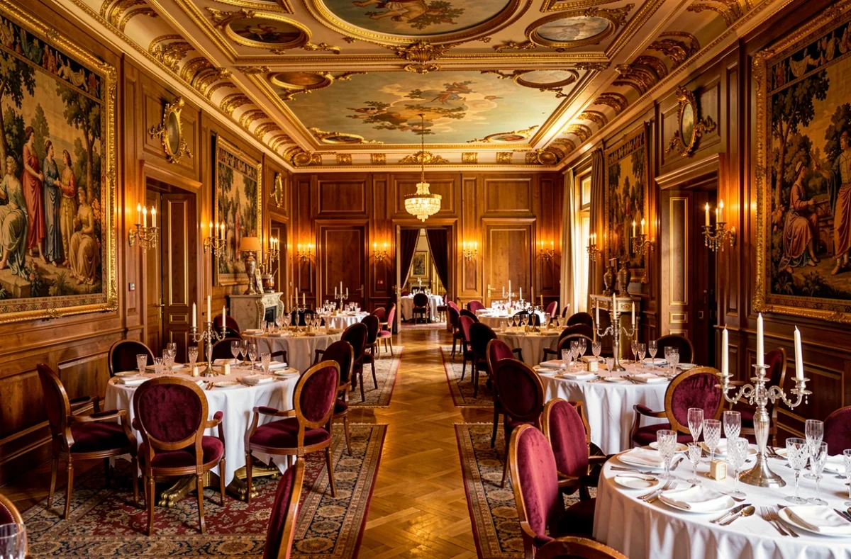 Salle Belle Époque somptueuse du restaurant Le Chantecler à l'Hôtel Negresco de Nice avec boiseries dorées, fauteuils en velours et tables élégamment dressées