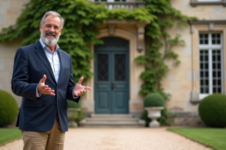 Guide en blazer navy devant le chateau du Meilleur Pâtissier