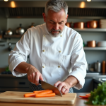 Chef en action coupant des carottes dans une cuisine professionnelle