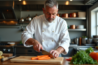 Chef en action coupant des carottes dans une cuisine professionnelle