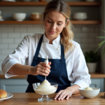 Femme en chef décorant un dessert avec de la chantilly