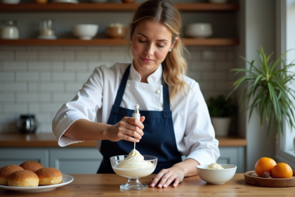 Femme en chef décorant un dessert avec de la chantilly
