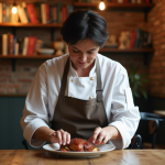 Femme chef française préparant un coq au vin dans un bistrot parisien