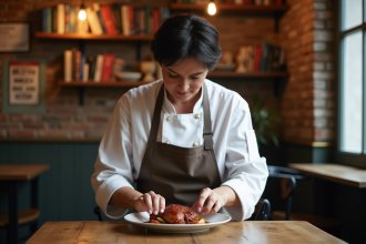 Femme chef française préparant un coq au vin dans un bistrot parisien