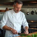 Chef homme en cuisine professionnelle en train de hacher des herbes