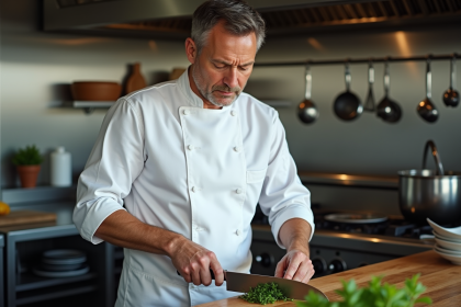 Chef homme en cuisine professionnelle en train de hacher des herbes