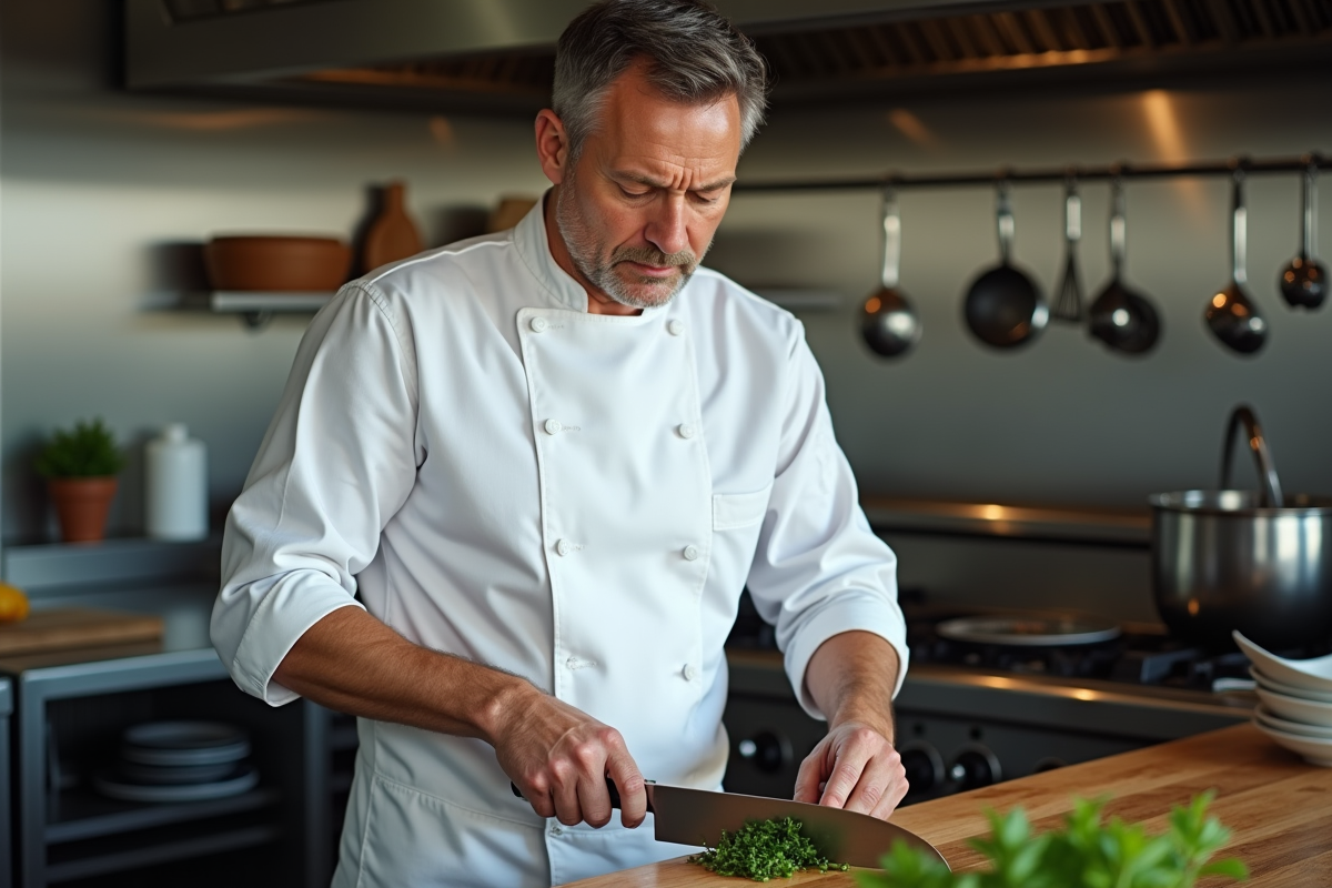 Chef homme en cuisine professionnelle en train de hacher des herbes