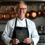 Chef en veste blanche tenant une plaque étoilée Michelin