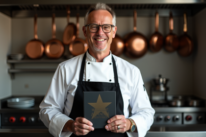 Chef en veste blanche tenant une plaque étoilée Michelin