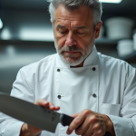 Chef en veste blanche examinant un couteau tranchant