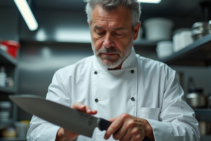 Chef en veste blanche examinant un couteau tranchant