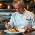 Chef français en train de dresser un plat raffine en cuisine