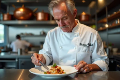Chef français en train de dresser un plat raffine en cuisine