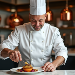 Chef en uniforme blanc dressant un plat gourmet avec or comestible