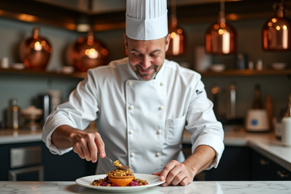 Chef en uniforme blanc dressant un plat gourmet avec or comestible