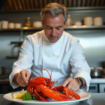 Chef français préparant un homard rouge dans une cuisine élégante