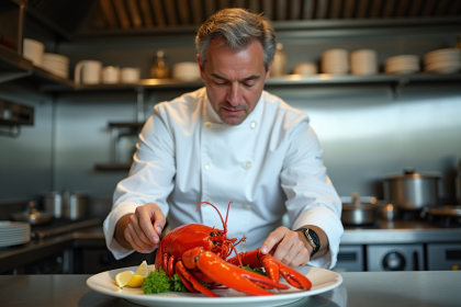 Chef français préparant un homard rouge dans une cuisine élégante