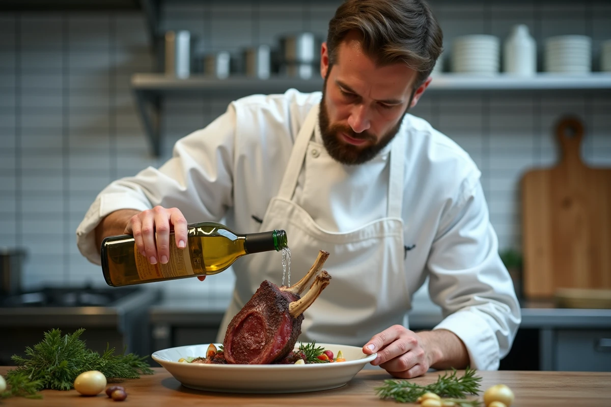 Chef versant du vin blanc sur un carré de chevreuil avec herbes et échalotes dans un plat en céramique, en cuisine professionnelle
