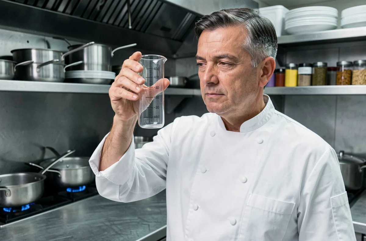 Chef cuisinier lisant la graduation 40cl sur un cylindre gradué dans une cuisine professionnelle