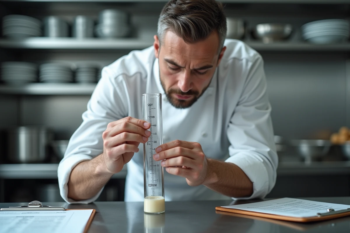 Chef pâtissier professionnel mesurant en centilitres dans une cuisine de boulangerie avec tableau de conversion