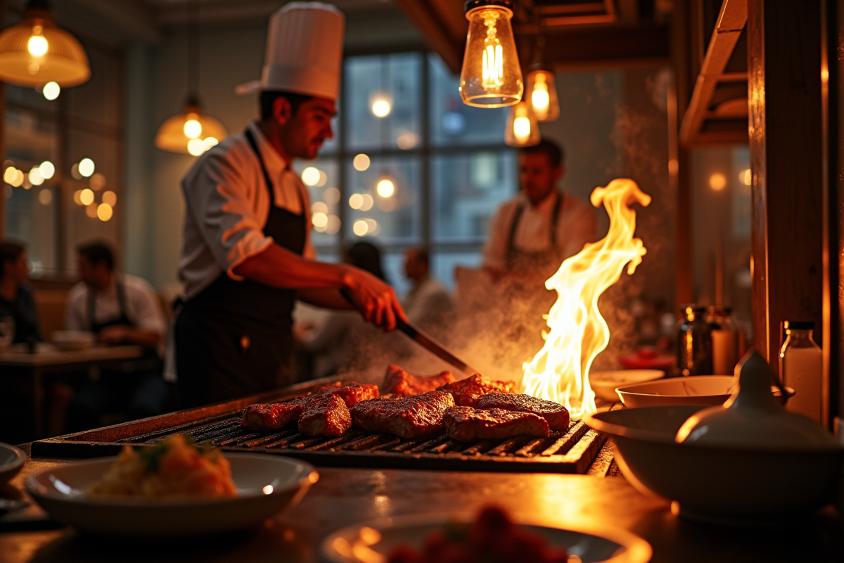Chef cuisinant des steaks dans un restaurant grill à Toulouse