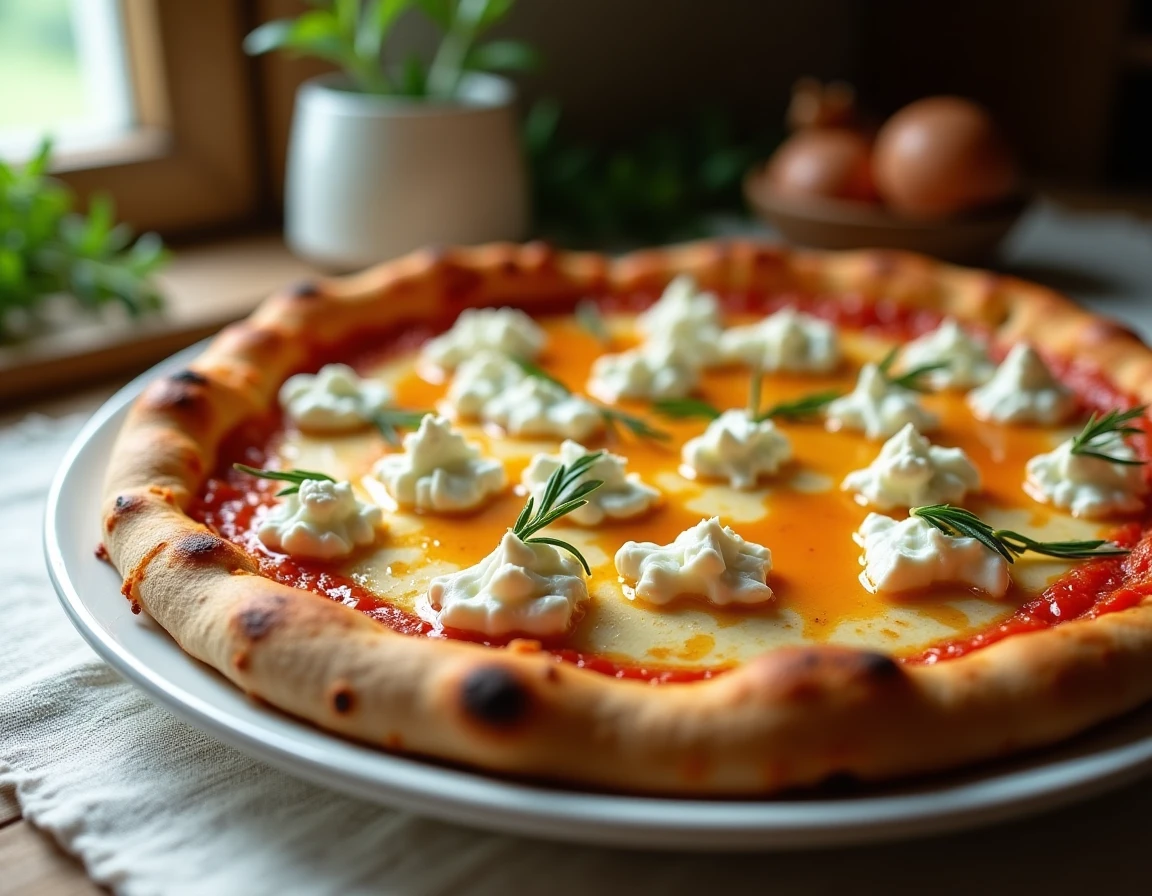 Pizza garnie de fromage de chèvre frais et d'un filet de miel doré après cuisson