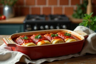 Plat de chou farci en sauce tomate dans un plat en céramique rustique sur une table en bois